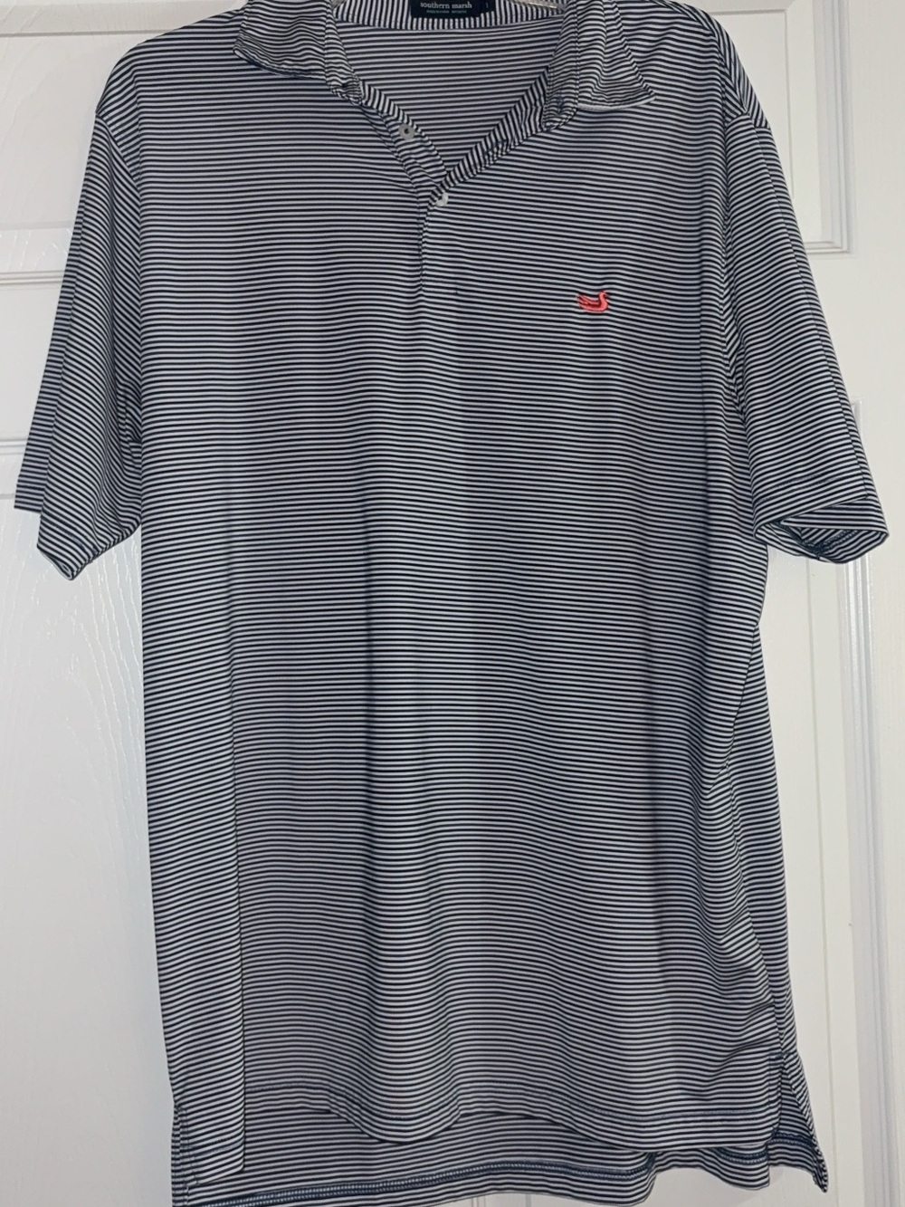 Southern Marsh Men’s Navy & White Micro-Striped Polo with coral Logo